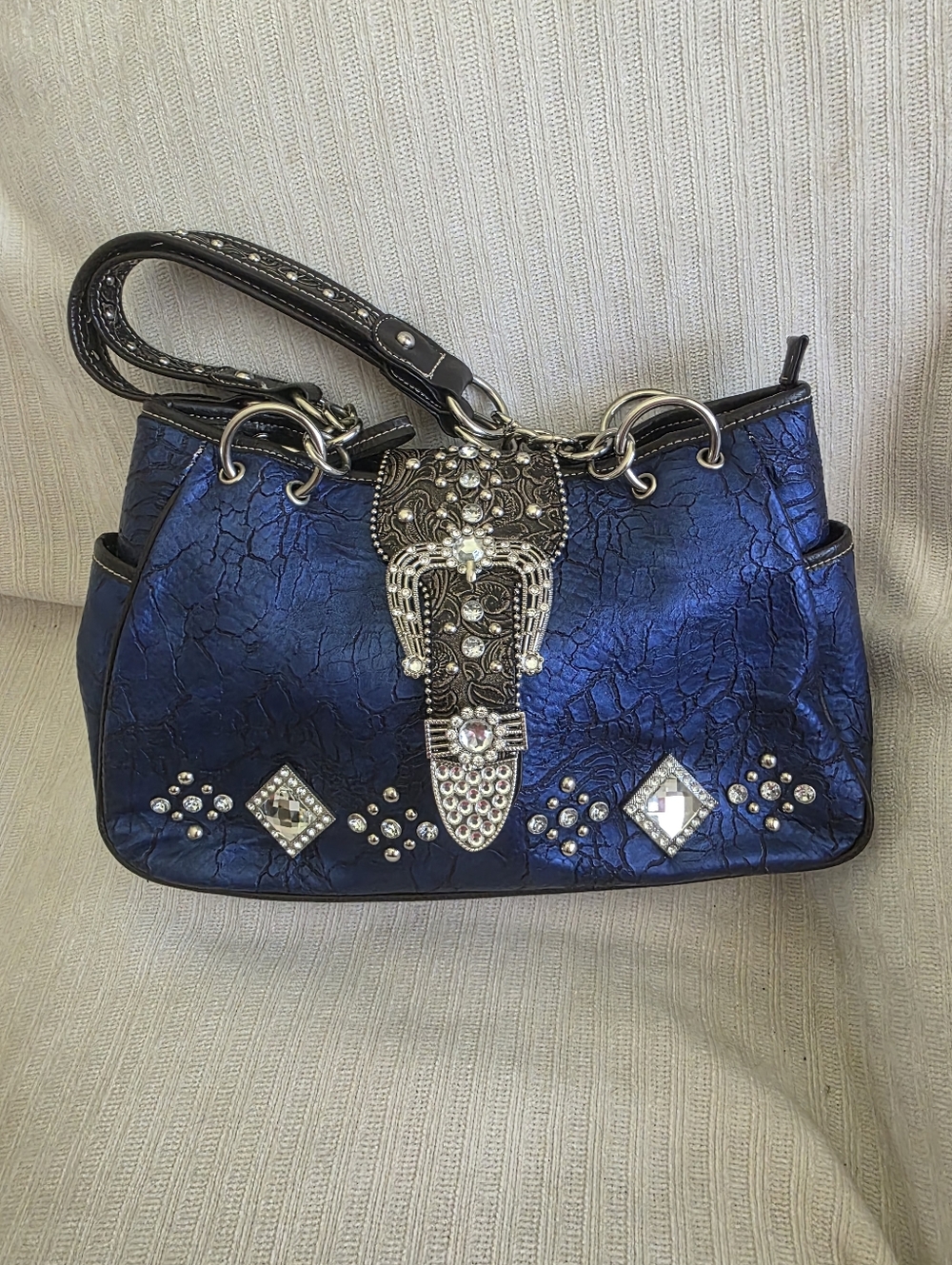 Montana West Metallic Blue Rhinestone Embellished Shoulder Bag